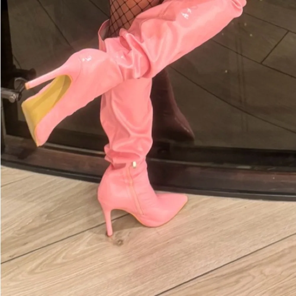 Pink Patent Over-the-Knee Stiletto Boots - Women's Fashion Knee-High